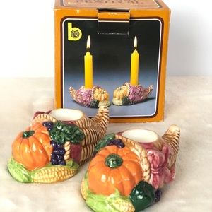 VTG Brinn’s Harvest Festival Ceramic Candle Stick Pair Handpainted Thanksgiving